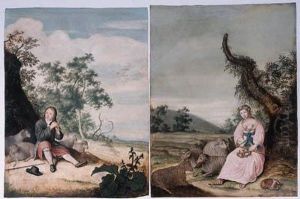 A Pastoral Portrait Of A Young Man As A Shepherd Playing A Flute;and A Pastoral Portrait Of A Young Woman As A Shepherdess, Holdinga Letter And A Floral Wreath, Her Dog Nearby by Willem De Heer