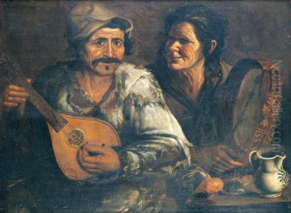 A Man And Woman Playing A Mandolin And Tambourine At A Table - view 1