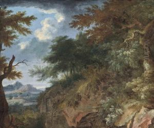 A Wooded Landscape With A Fortified Town And Mountains Beyond by Jacob De Heusch