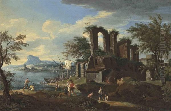 A Coastal Landscape With Fishermen On The Shore Near Classicalruins, A Mountain Range Beyond - view 1
