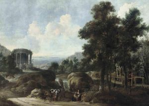 An Italianate Landscape With Peasants On A Track By A Stream, Witha Couple Crossing A Bridge, A Classical Temple Beyond by Jacob De Heusch
