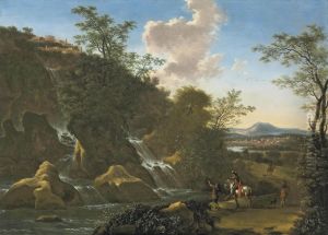 An Italianate Landscape With Travellers By A Waterfall, Tivolibeyond by Willem de Heusch