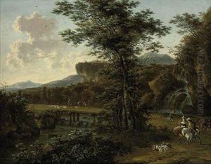 A River Landscape With Travellers On A Track Near A Waterfall by Willem de Heusch