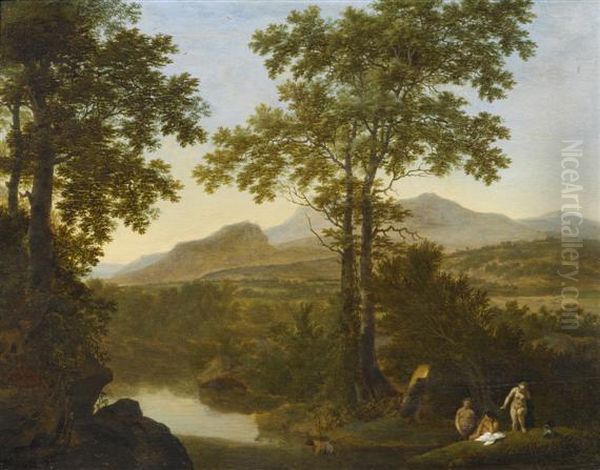 Italian Landscape With Tall Trees And Bathing Nymphsin The River - view 1