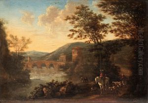 Italiserande Landskap Med Resande Sallskap Och Boskap by Willem de Heusch