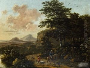 A Wooded Landscape With A Huntsman And His Dogs On A Country Path
