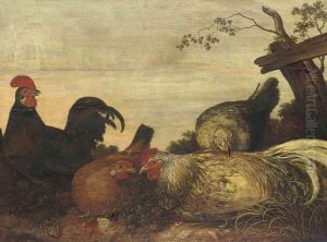 A Cockerel And Hens In A Landscape by Gillis Claesz De Hondecoeter
