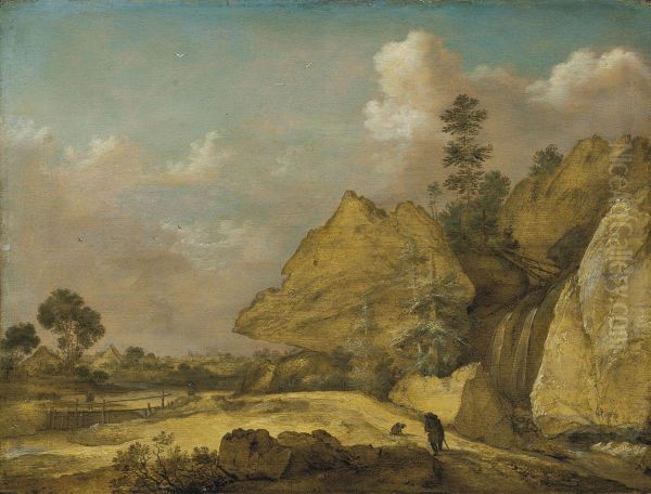 A Rocky River Landscape, With Travellers And A Dog - view 1