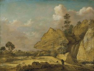 A Rocky River Landscape, With Travellers And A Dog by Gillis Claesz De Hondecoeter