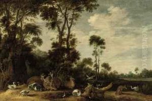 Deer, A Goat, A Fox, A Cat, Ducks And Other Birds In A Woodedlandscape by Gillis Claesz De Hondecoeter