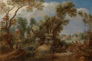 Waldlandschaft Mit Blick Auf Ein Dorf by Gillis Claesz De Hondecoeter
