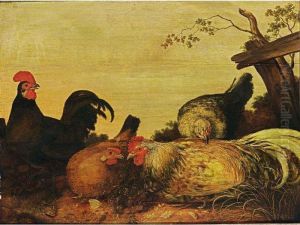 Two Cockerels And Two Hens, Together With A Frog And A Cabbage White Near A Fence by Gijsbert Gillisz. de Hondecoeter