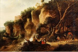 Felsige Landschaft Mit Wasserfall, Einer Rastenden Gruppe Und Zwei Ziehenden Bauern by Gijsbert Gillisz. de Hondecoeter