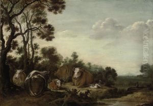 A Wooded Landscape With Cattle Grazing On A Bank by Gijsbert Gillisz. de Hondecoeter