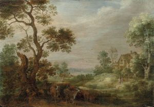 A Wooded Landscape With A Herdsman And His Herd by Gijsbert Gillisz. de Hondecoeter