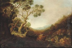 A Wooded Rocky Landscape With Birds And Deer By A Stream by Gijsbert Gillisz. de Hondecoeter