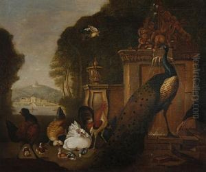 A Peacock And Fowl In A Park Landscape