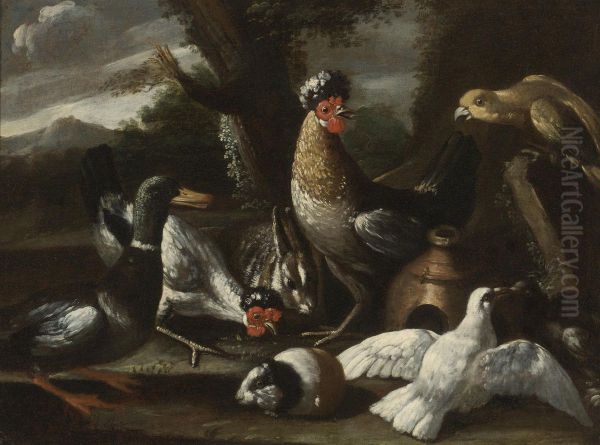 A Parrot, Chickens, A Duck And Turtledoves, Together With A Rabbit And A Guinea Pig In A Landscape - view 1