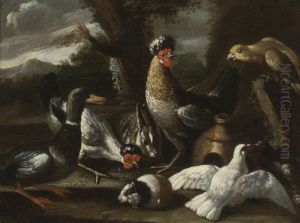 A Parrot, Chickens, A Duck And Turtledoves, Together With A Rabbit And A Guinea Pig In A Landscape by Melchior de Hondecoeter