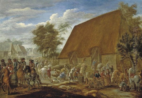 Farmers Threshing Corn Before A Thatched Barn - view 1