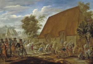 Farmers Threshing Corn Before A Thatched Barn by Lambert de Hondt