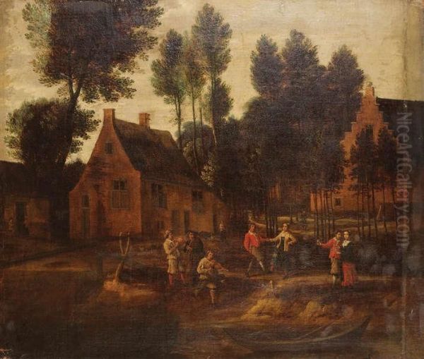 Vlaams Dorp Met Muzikanten En Lustige Paartjes Bij De Oever - view 1