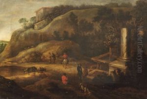 A Hilly Landscape With Figures On A Track Near Ancient Ruins