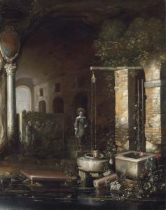 A Figure By A Well In A Grotto With A Sarcophagus, An Arcade Beyond Inscribed With Occult Symbols