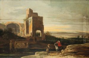 Paysage De La Campagne Romaine Avec Un Cavalier Et Un Villageois Pres D'un Edifice Antique En Ruine by Charles-Cornelisz de Hooch