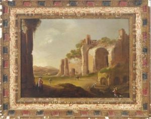 An Italianate Landscape With Figures Amongst Ruins by Charles-Cornelisz de Hooch
