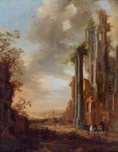 Paesaggio Fantistico Di Rovine Con Viaggiatori Su Un Sentiero E Un Corso D""""acqua Sullo Sfondo