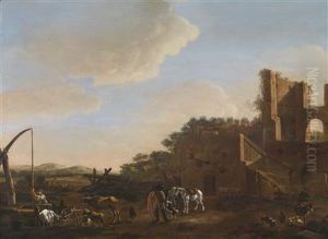Campagna Landscape With Horsemen And Shepherds In Front Of An Inn Set Within A Ruin by Horatius Hooch