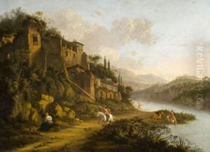 Cavaliers Et Promeneurs Le Long D'une Riviere Dans La Campagneromaine