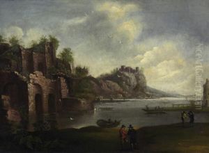 Riverlandscape With Ruins And Figural Arrangement by Horatius Hooch