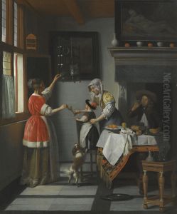 Interior With A Child Feeding A Parrot