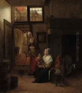 Mother And Child With A Serving Woman Sweeping