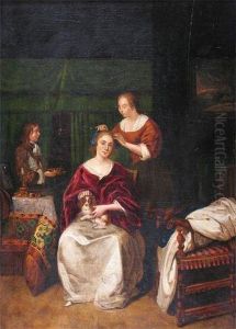 Interior Scene Of A Seated Lady Having Her Hair Dressed