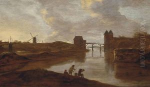 A River Landscape With Anglers On The Shore, A Bridge Beyond by Reinier Van Der Laeck