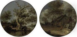 A River Landscape With Two Fishermen In A Boat by Reinier Van Der Laeck