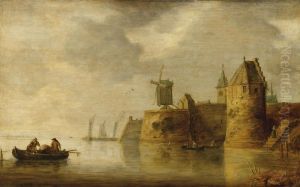 Flussmundung Mitwindmuhle Und Fischerbooten by Reinier Van Der Laeck