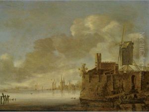 River Landscape With A Fortified Town, A Windmill On The Right Bank, And A Rowing Boat With Figures In The Foreground