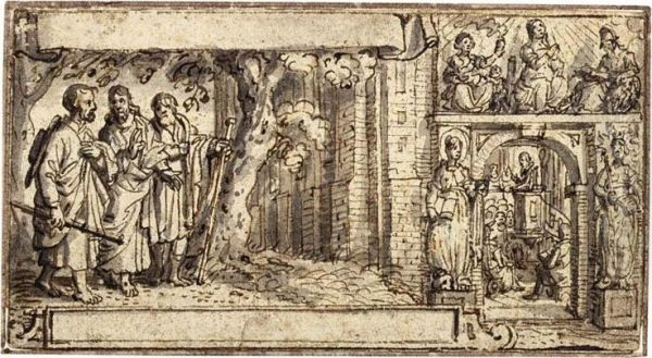 Design For A Book Illustration: On The Left, Christ And The Disciples On The Road To Emmaus, To The Right The Three Cardinal Virtues: Faith, Hope And Charity - view 1