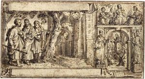 Design For A Book Illustration: On The Left, Christ And The Disciples On The Road To Emmaus, To The Right The Three Cardinal Virtues: Faith, Hope And Charity by Pieterde Jonghe Ii De Jode