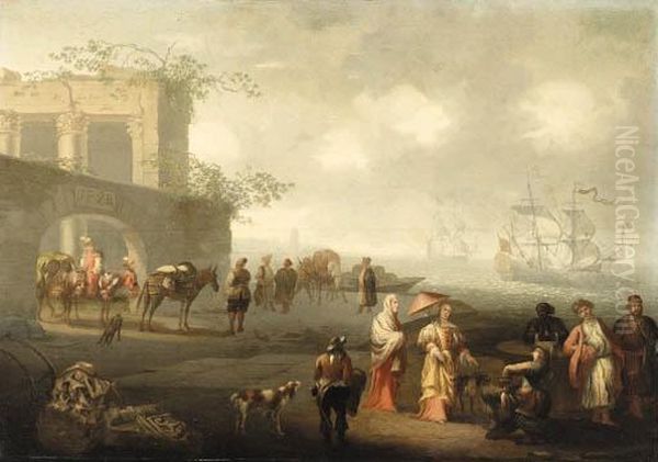 A Coastal Landscape With Elegant Figures And Travellers By Thewalls Of A City - view 1