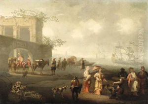 A Coastal Landscape With Elegant Figures And Travellers By Thewalls Of A City by Jacobus De Jonckheer
