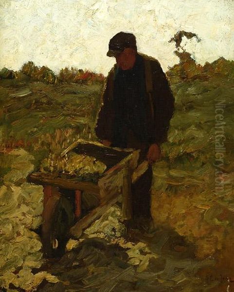 Farmer With A Wheelbarrow Onthe Land - view 1