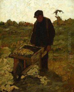 Farmer With A Wheelbarrow Onthe Land