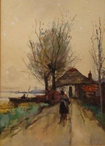 A Rural Dutch Landscape With A Woman Walking Along A Canal Pathtowards A Cottage by Jan De Jong