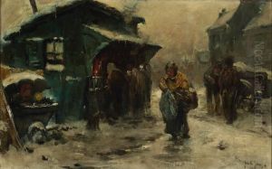 Figures On A Snow Covered Street by Jan De Jong