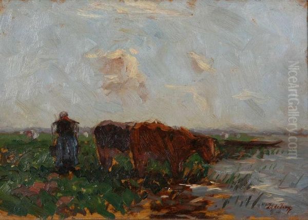 Hollands Landschap Met Zeeuwse Boerin En Koeien Aan Het Water - view 1
